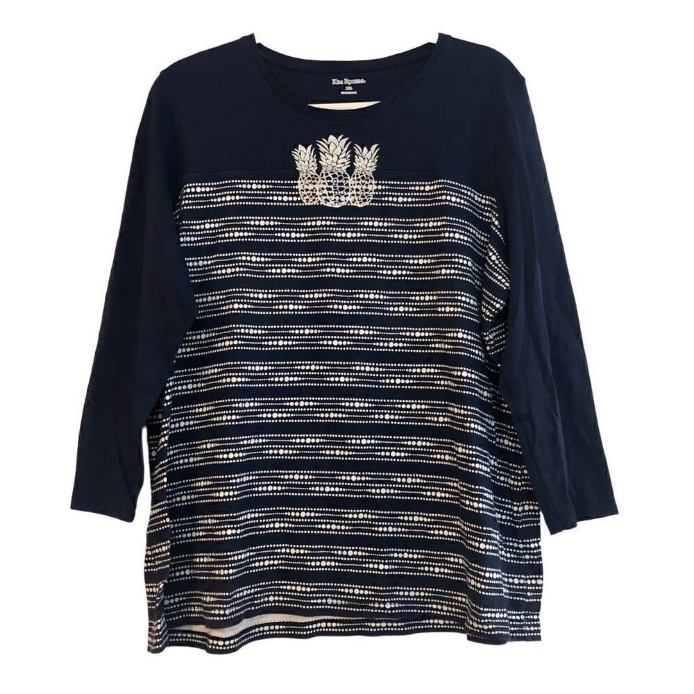Kim Rogers Navy Pineapple Crew Neck Top Quarter Sleeves Size XXL